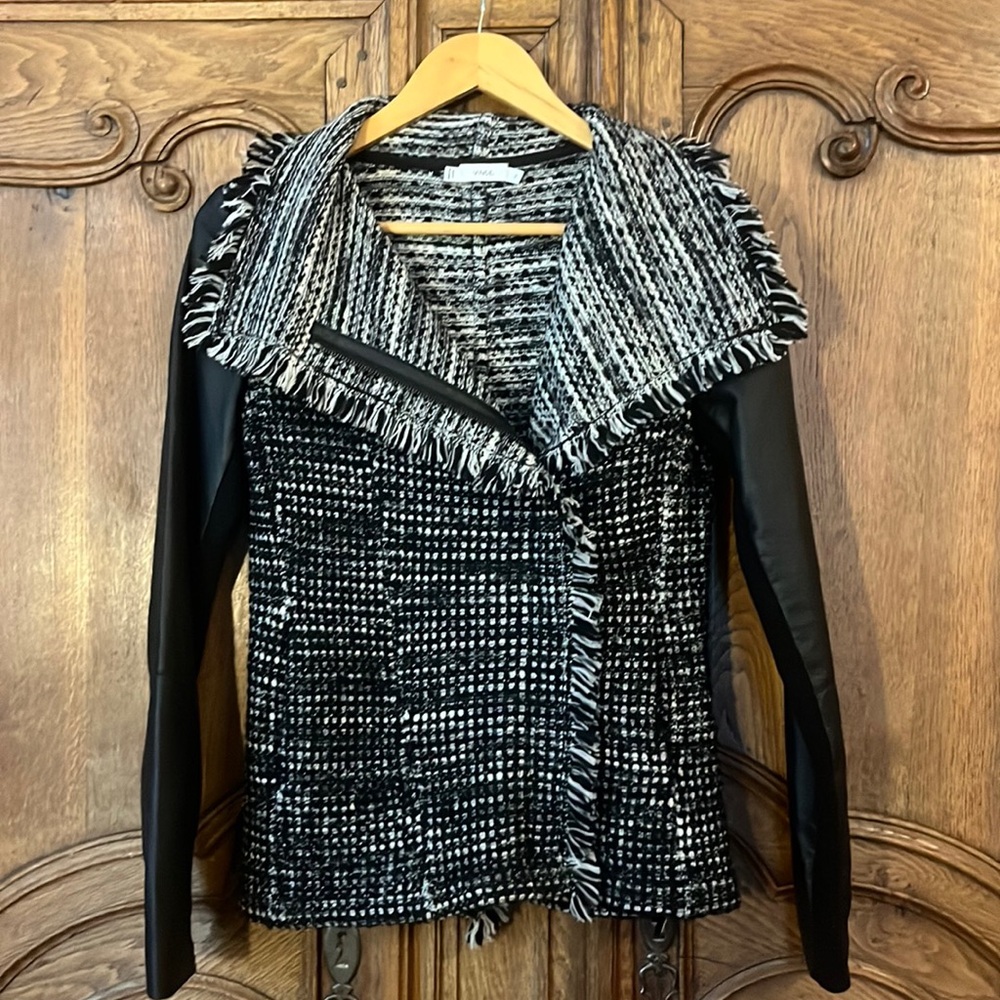 Vince Leather Sleeve Drape Front Moto Jacket Size XS - Picture 2 of 14